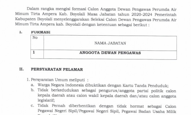 Seleksi Dewan Pengawas Perusahaan Daerah Air Minum Tirta Ampera Kabupaten Boyolali