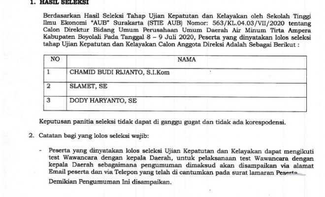 Hasil Seleksi Ujian Kepatutan Dan Kelayakan Calon Direktur Bidang Umum Perusahaan Umum Daerah Air Minum Tirta Ampera Kabupaten Boyolali