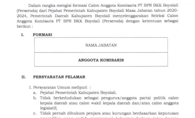 SELEKSI CALON ANGGOTA KOMISARIS PT. BPR BKK BOYOLALI  ( PERSERODA ) KABUPATEN BOYOLALI