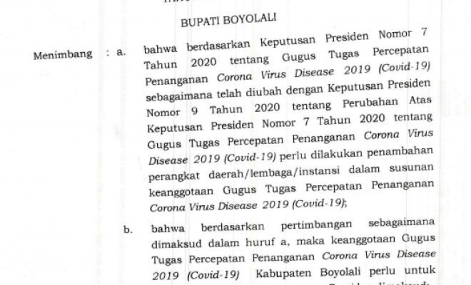 SK Bupati Boyolali nomor 360/285 Tahun 2020 tentang Pembentukan Gugus Tugas Percepatan Penanganan Covid-19 di Kabupaten Boyolali Tahun Anggaran 2020