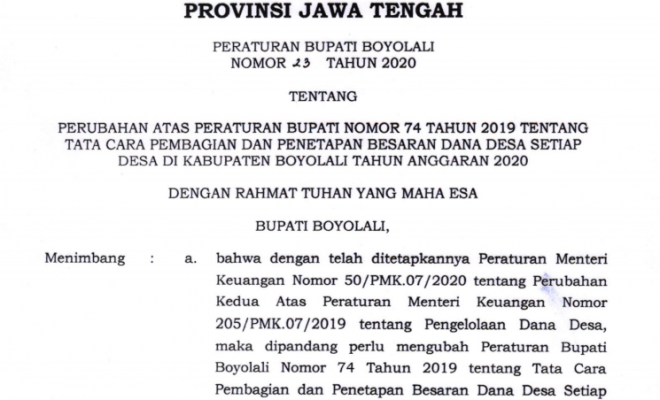 Perbup Boyolali Nomor 23 Tahun 2020 tentang Perubahan atas Perbup Boyolali Nomor 74 Tahun 2019 tentang Tata Cara Pembagian dan Penetapan Besaran Dana