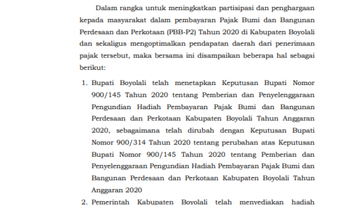 Surat Edaran Undian PBB Kabupaten Boyolali 2020