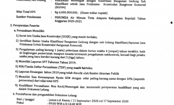 PENGUMUMAN TENDER Perusahaan Umum Daerah Air Minum Tirta Ampera Kabupaten Boyolali