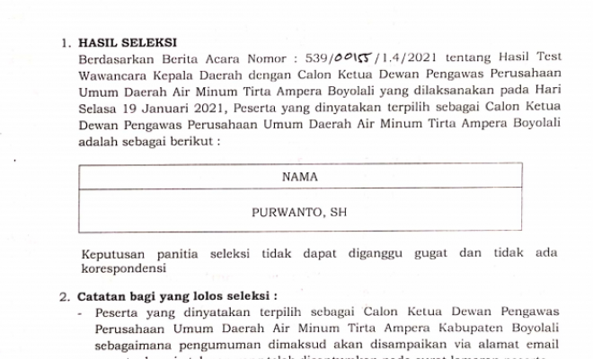 Hasil seleksi wawancara calon ketua Dewan Pengawas PUDAM TIRTA AMPERA BOYOLALI