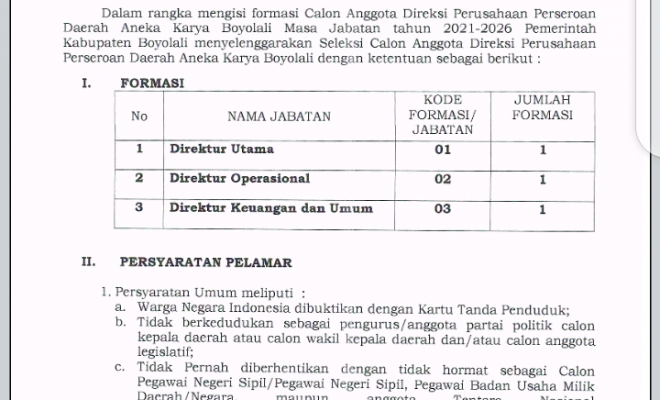 SELEKSI CALON ANGGOTA DIREKSI PERUSAHAAN PERSERODA PERUSDA ANEKA KARYA KABUPATEN BOYOLALI