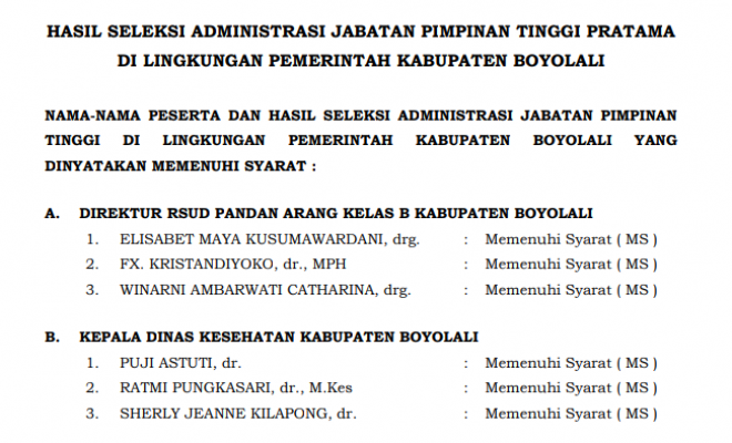 Pengumuman Seleksi Administrasi JPT Pratama Kab. Boyolali Tahun 2021