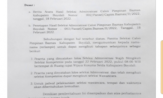 Pengumuman Hasil Seleksi Adminstrasi .Baznas Kabupaten Boyolali