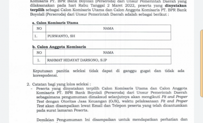 HASIL TEST SELEKSI WAWANCARA DENGAN KEPALA DAERAH SELEKSI CALON KOMISARIS UTAMA  DAN CALON ANGGOTA KOMISARIS PT.BPR BANK BOYOLALI DARI UNSUR PEMERINTA