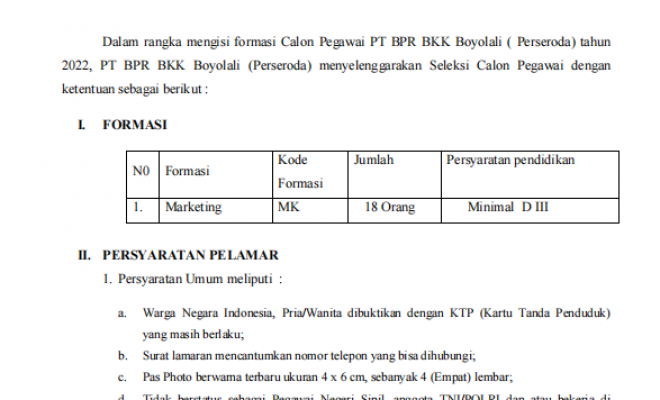 PENGUMUMAN SELEKSI CALON PEGAWAI PT BPR BKK BOYOLALI TAHUN 2022