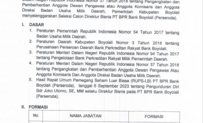 Pengumuman seleksi Direktur Bisnis PT BPR Bank Boyolali th 2023