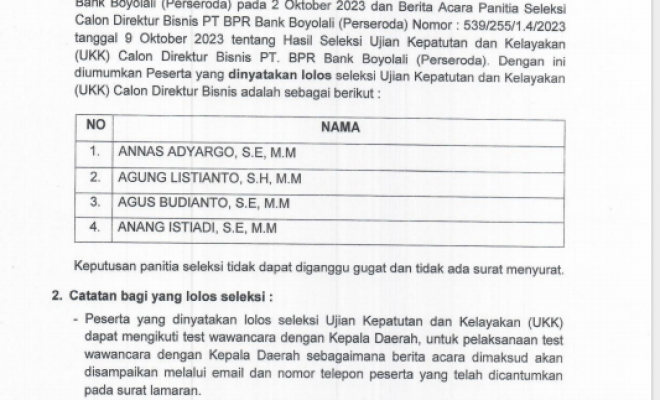 HASIL SELEKSI UJIAN KEPATUTAN DAN KELAYAKAN CALON DIREKTUR BISNIS PT.BPR BANK BOYOLALI PERSERODA TAHUN 2023