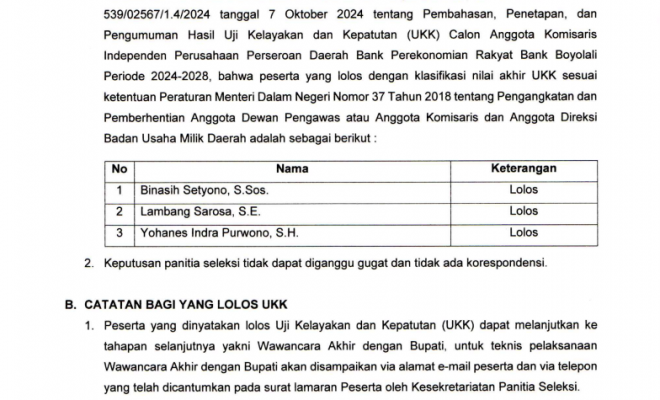 PENGUMUMAN HASIL SELEKSI UJI KELAYAKAN DAN KEPATUTAN ( UKK ) CALON ANGGOTA KOMISARIS INDEPENDENT PERSERODA BPR BANK BOYOLALI PERIODE 2024-2028